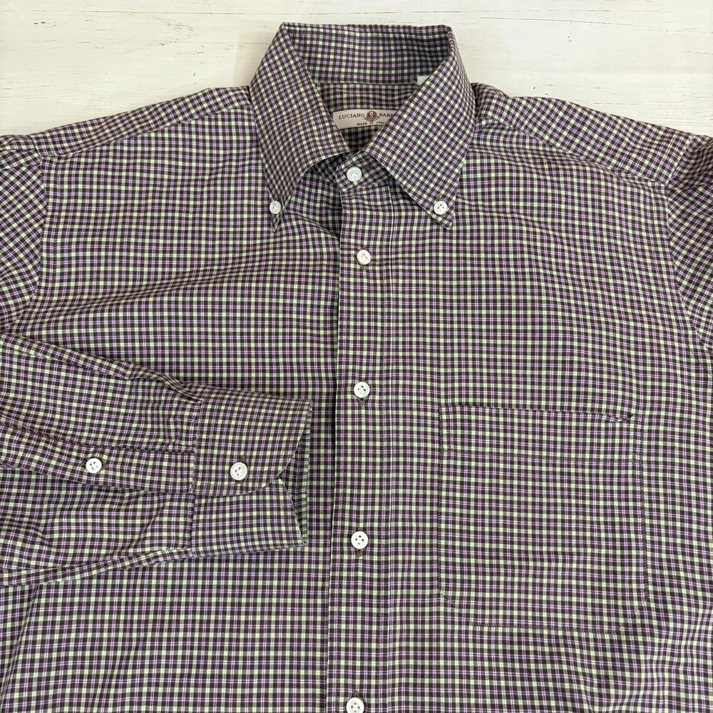 Luciano Barbera Check Shirt Mens Large Purple Cotton Button-Down Long Sleeve